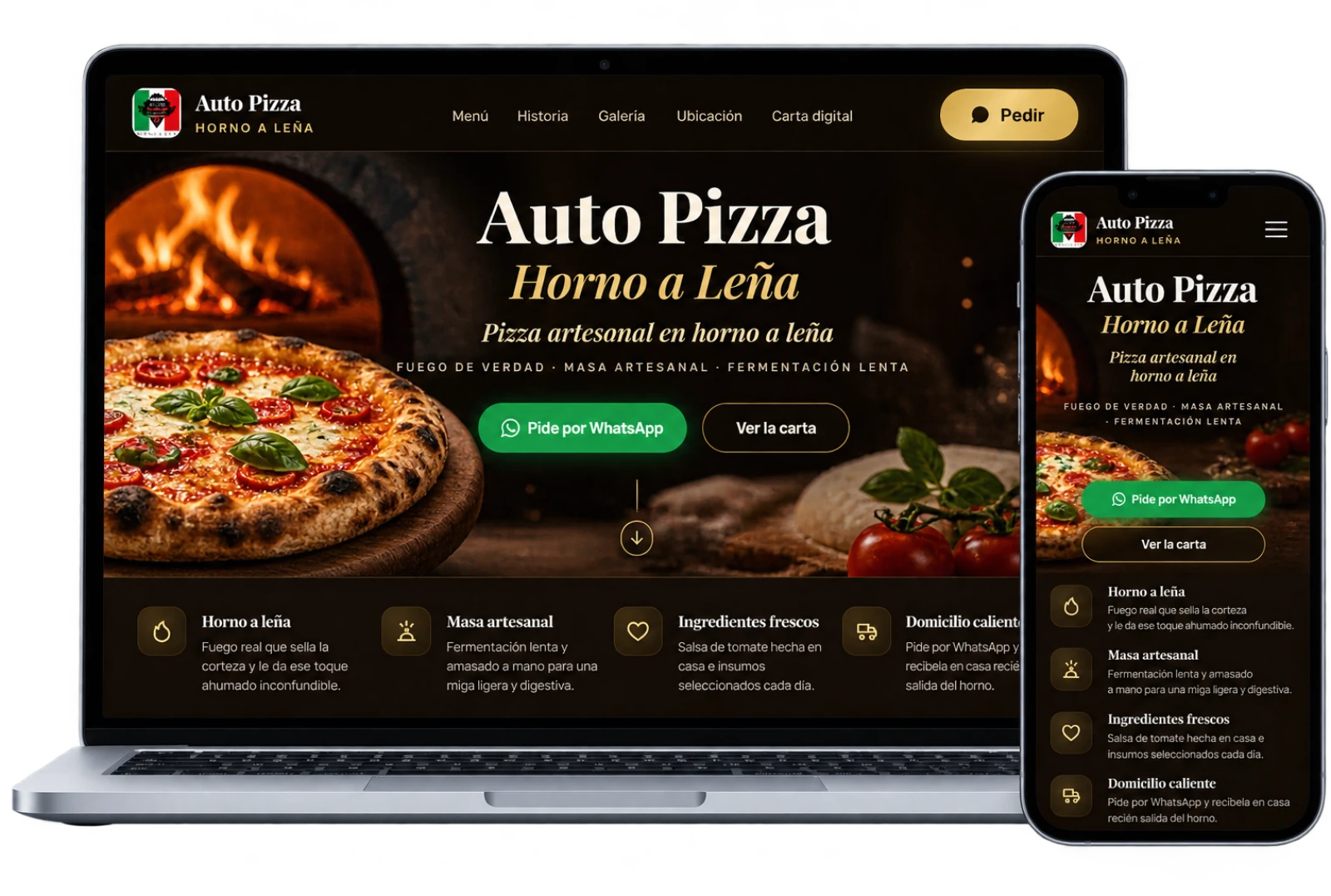 Auto Pizza en laptop y celular