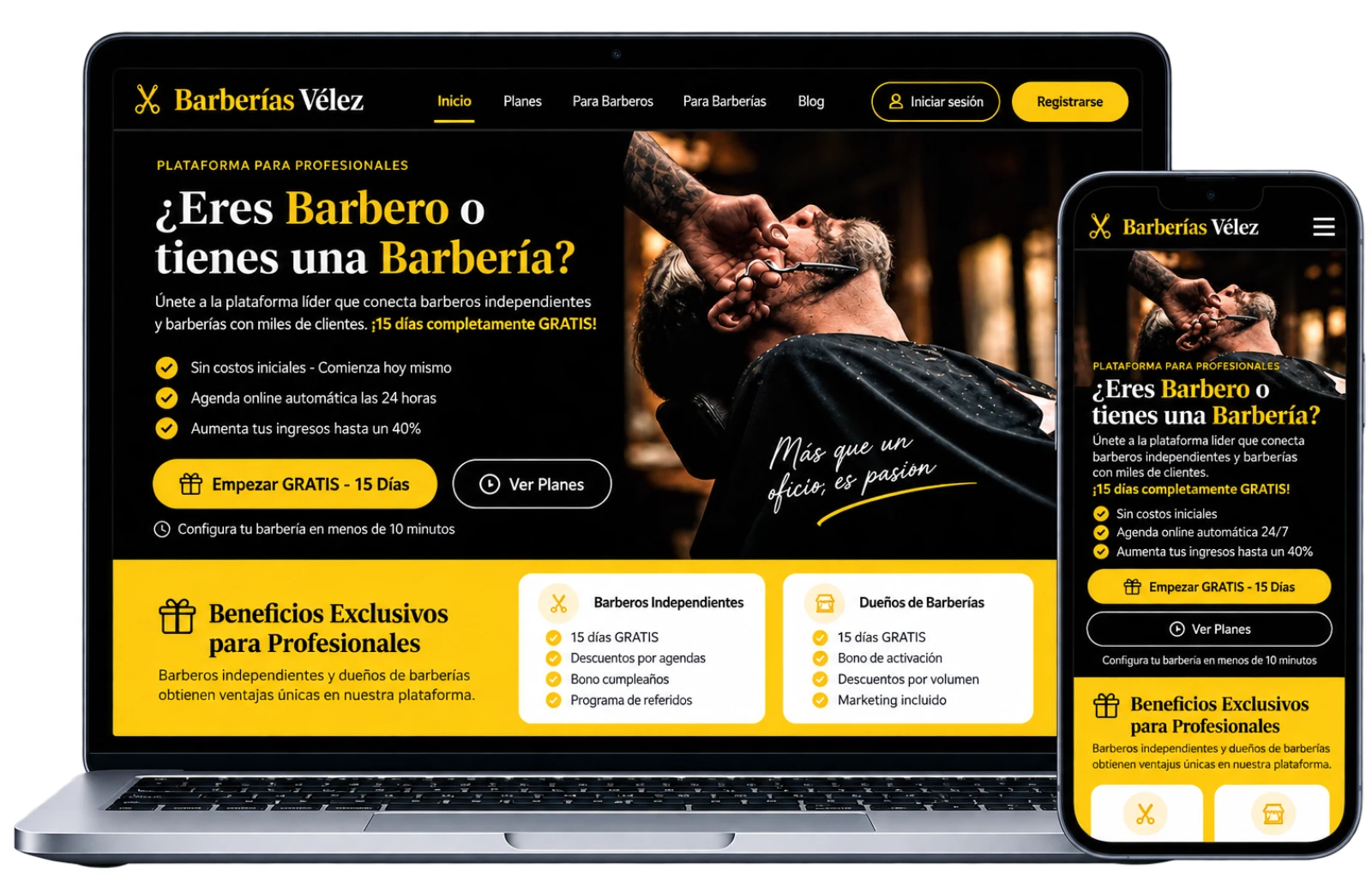 Barberías Vélez en laptop y celular