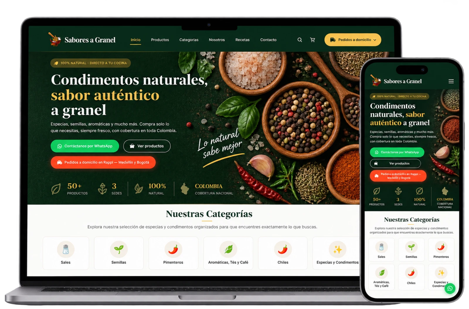 Sabores a Granel en laptop y celular